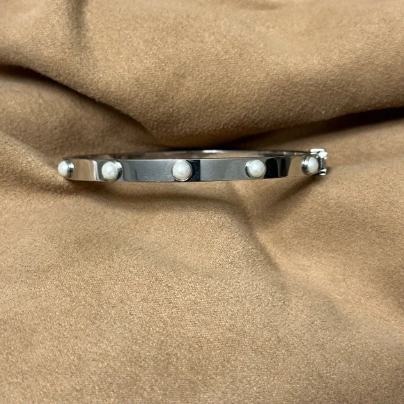 Tory Burch Silver Hinged Bangle Bracelet with Pearl Accents - Picture 1 of 9